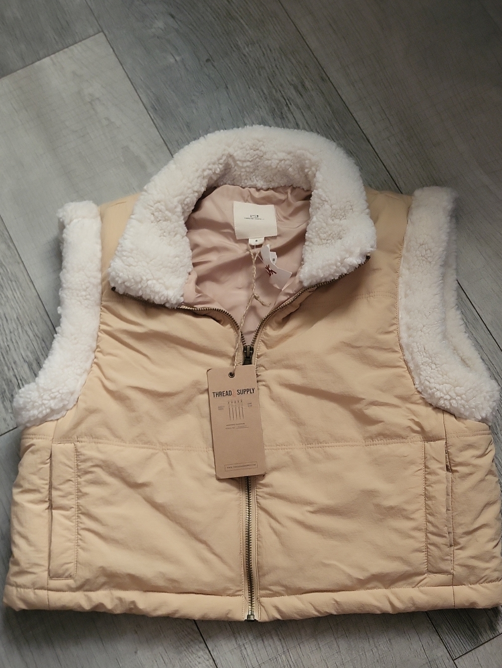 Thread & Supply Beige Puffer Vest with White Sherpa Trim
